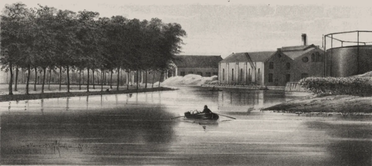 Litografía de 1859: un canal tranquilo con un bote de remos; en la orilla, una fila de árboles, los edificios de la fábrica de gas con su chimenea y, a la derecha, el tanque redondo del gasómetro.
