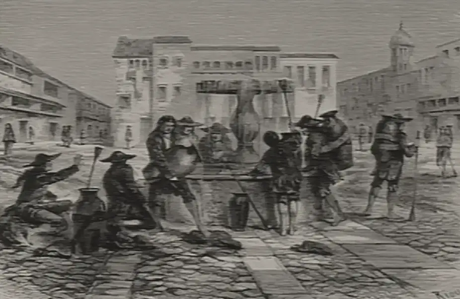 Grabado de 1873: en una plaza empedrada de Cuzco, varios aguadores con sombrero rodean una pila de piedra; unos llenan cántaros de barro, otros se alejan con el agua a la espalda, y al fondo se ven casas de dos pisos y una torre.